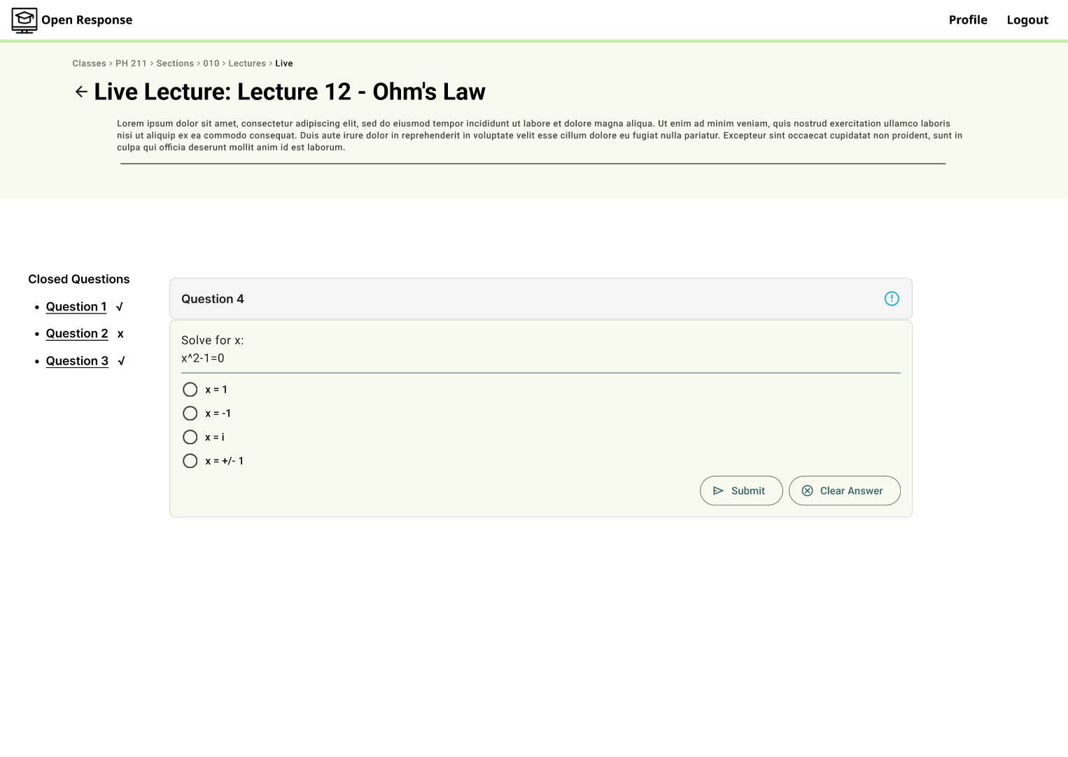 Open-Response Lecture Prototype Screenshot